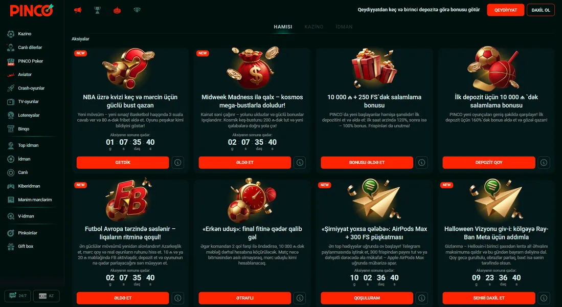 Pinco Kazino — Bonuslar, promokodlar və eksklüziv təkliflər