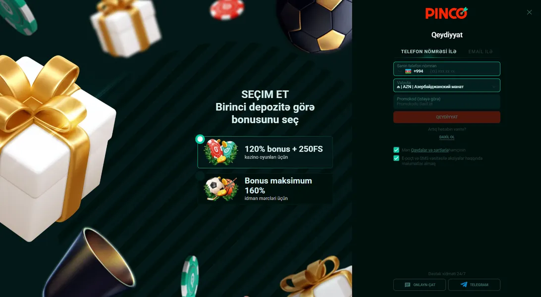 Pinco Kazino — Qeydiyyat və hesab yaratma qaydası